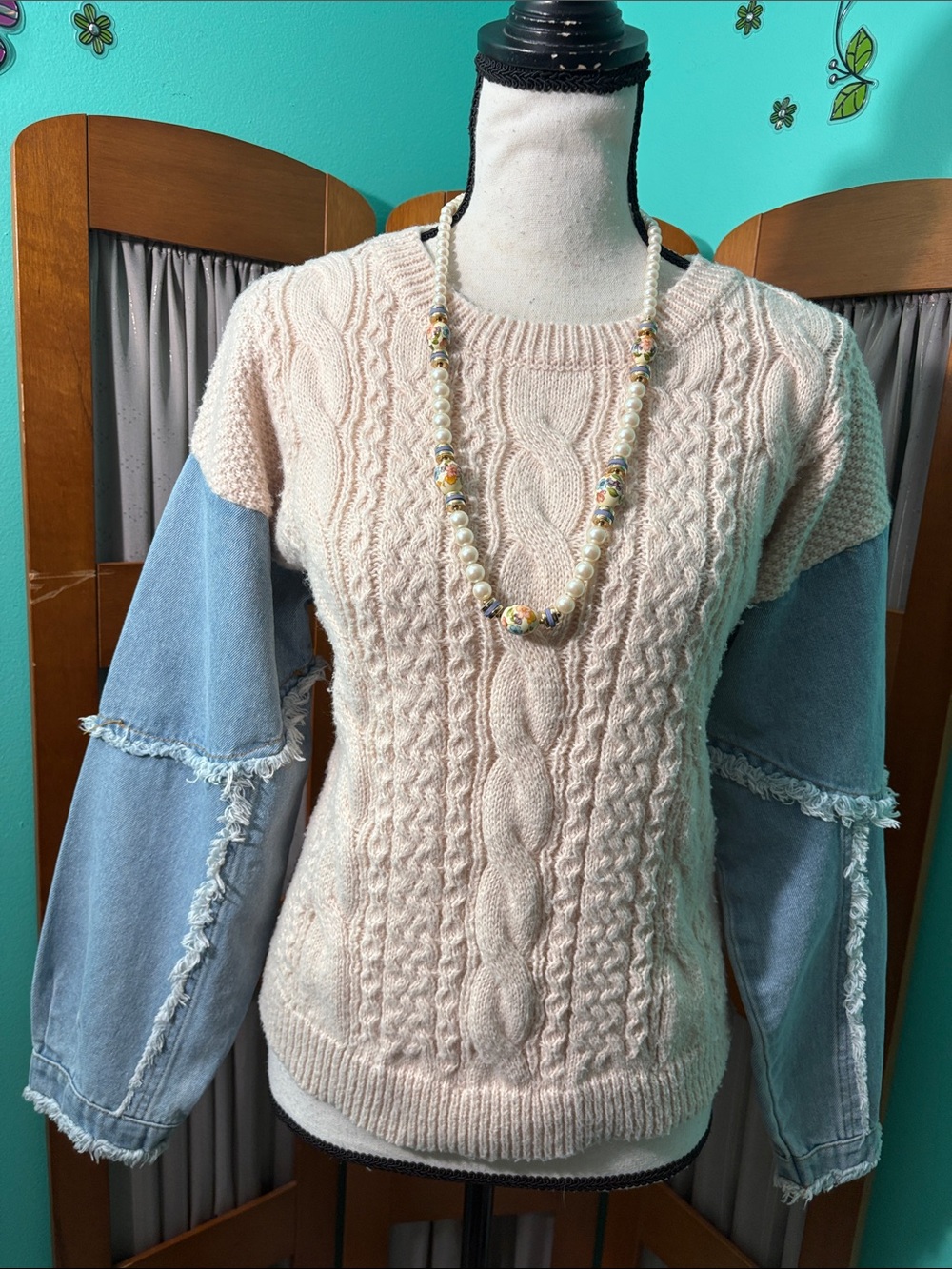 Womens Cream Cable-Knit Sweater with Light Blue Denim-Style Sleeves